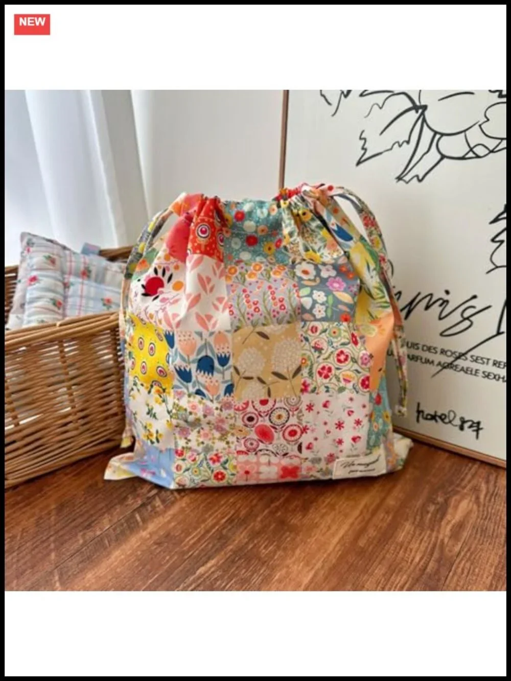 Vintage Floral Drawstring Makeup Bag Toiletry Travel Organizer Cotton Cosmetic
